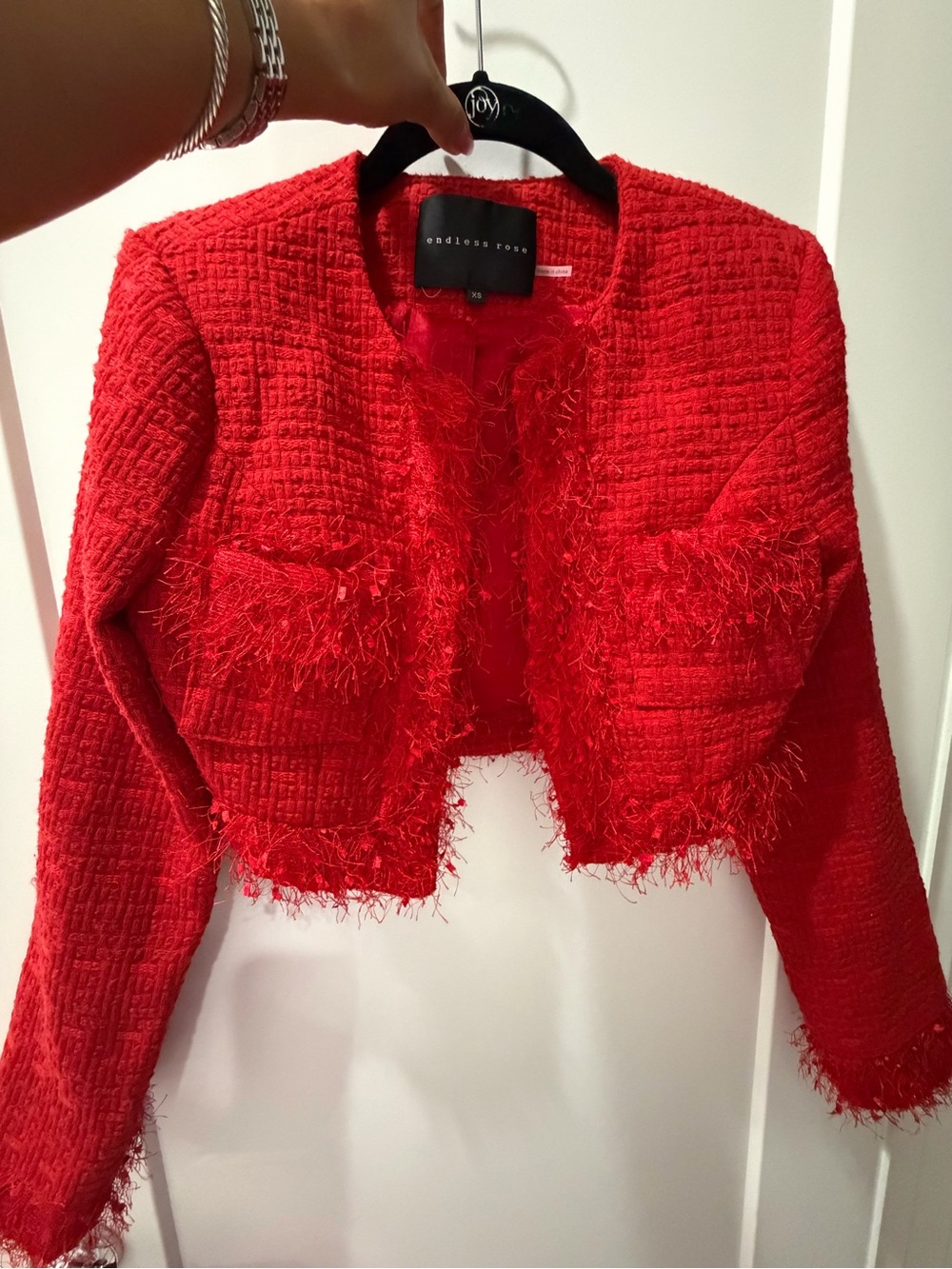 Endless Rose Vibrant Red Cropped Bouclé Blazer